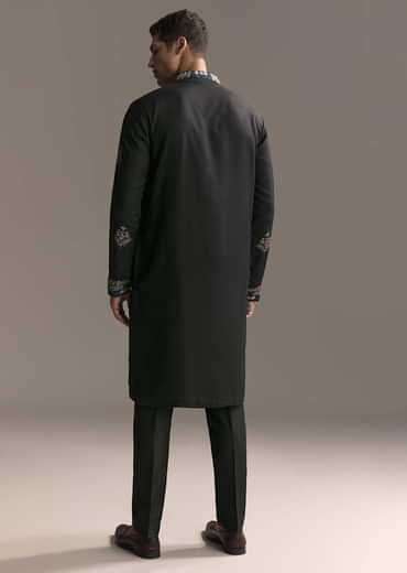 Black Modal Kurta Set For Men With Floral Resham Embroidery