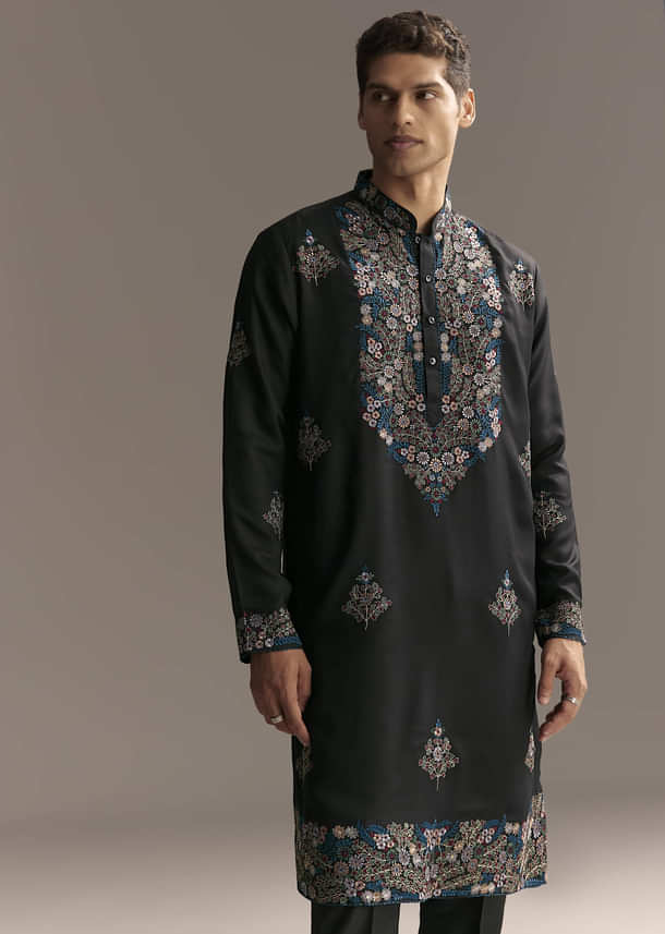 Black Modal Kurta Set For Men With Floral Resham Embroidery Black Modal Kurta Set For Men With Floral Resham Embroidery