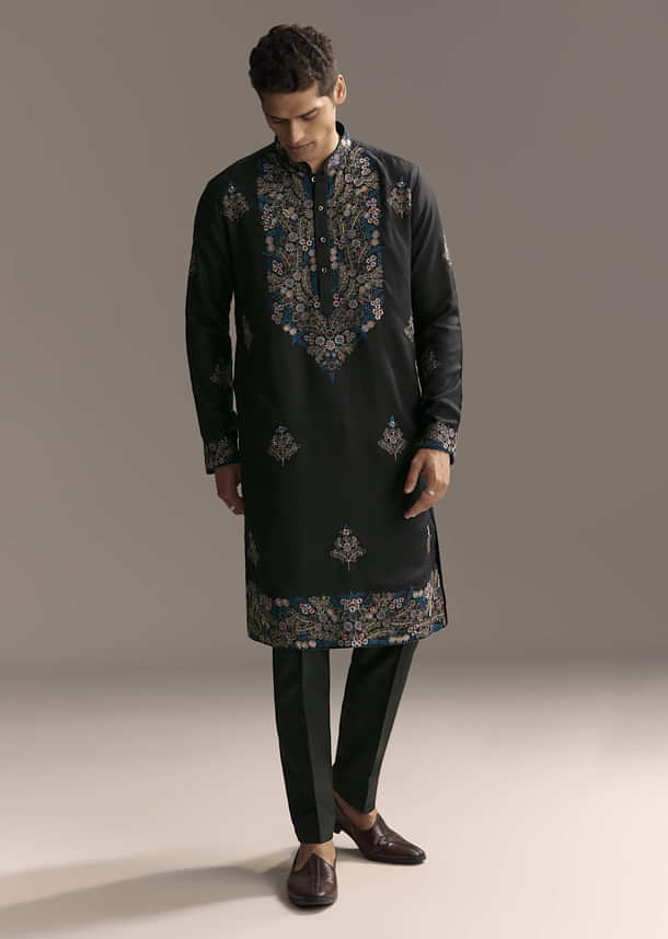 Black Modal Kurta Set For Men With Floral Resham Embroidery Black Modal Kurta Set For Men With Floral Resham Embroidery