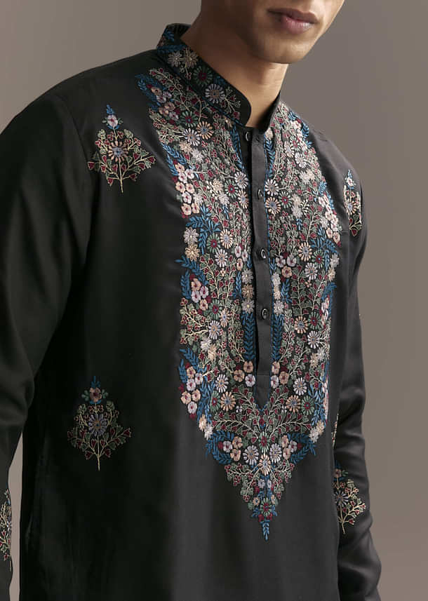 Black Modal Kurta Set For Men With Floral Resham Embroidery Black Modal Kurta Set For Men With Floral Resham Embroidery
