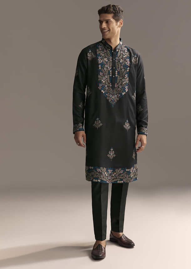 Black Modal Kurta Set For Men With Floral Resham Embroidery Black Modal Kurta Set For Men With Floral Resham Embroidery