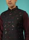 Black Nehru Jacket And Wine Kurta Set In Raw Silk With Resham And Mirror Abla Embroidered Leaf Buttis