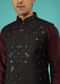 Black Nehru Jacket And Wine Kurta Set In Raw Silk With Resham And Mirror Abla Embroidered Leaf Buttis