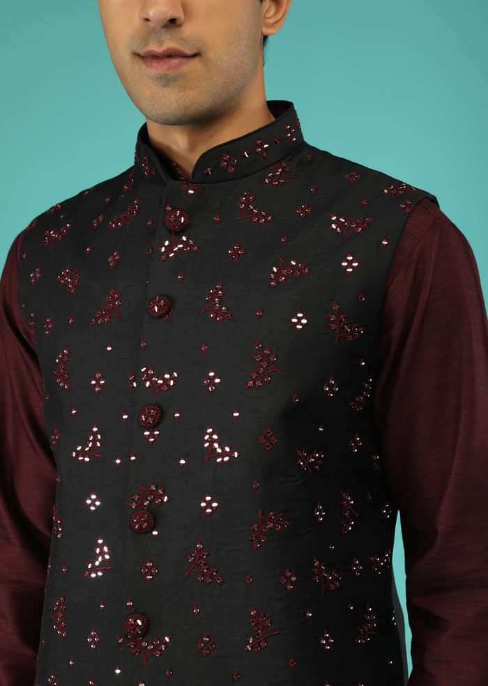 Black Nehru Jacket And Wine Kurta Set In Raw Silk With Resham And Mirror Abla Embroidered Leaf Buttis
