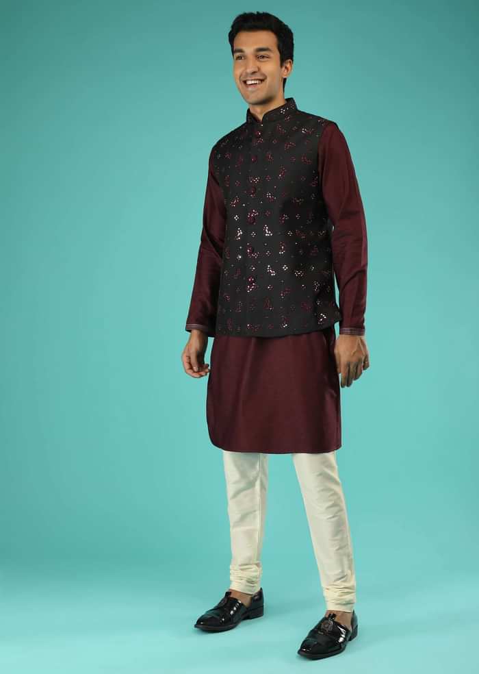 Black Nehru Jacket And Wine Kurta Set In Raw Silk With Resham And Mirror Abla Embroidered Leaf Buttis