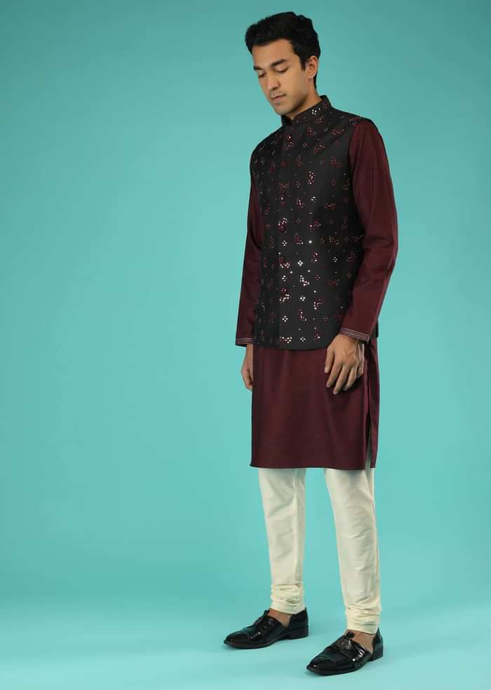 Black Nehru Jacket And Wine Kurta Set In Raw Silk With Resham And Mirror Abla Embroidered Leaf Buttis