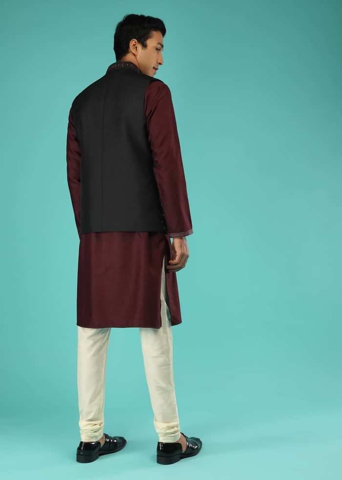 Black Nehru Jacket And Wine Kurta Set In Raw Silk With Resham And Mirror Abla Embroidered Leaf Buttis