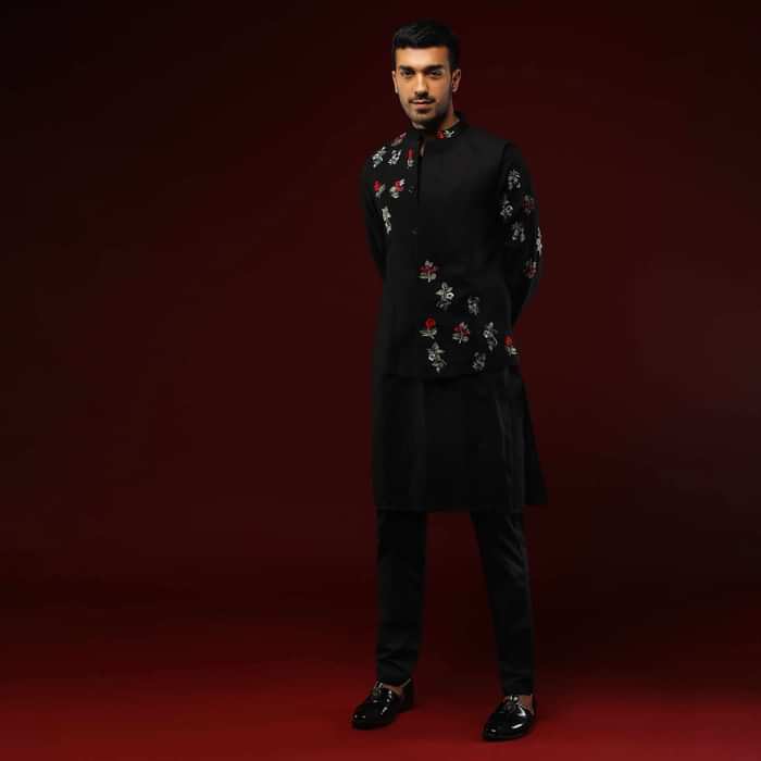 Black Nehru Jacket Set In Linen With Multi Colored Resham Embroidered Floral Motifs