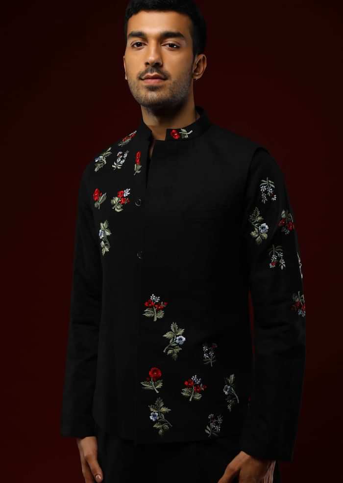 Black Nehru Jacket Set In Linen With Multi Colored Resham Embroidered Floral Motifs