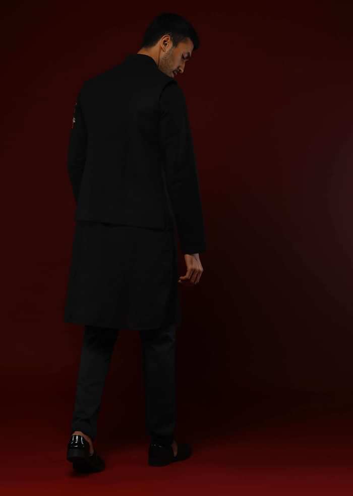 Black Nehru Jacket Set In Linen With Multi Colored Resham Embroidered Floral Motifs