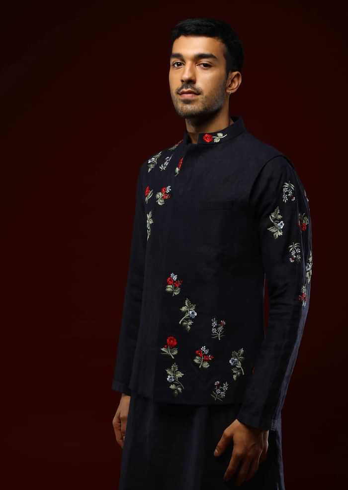 Black Nehru Jacket Set In Linen With Multi Colored Resham Embroidered Floral Motifs