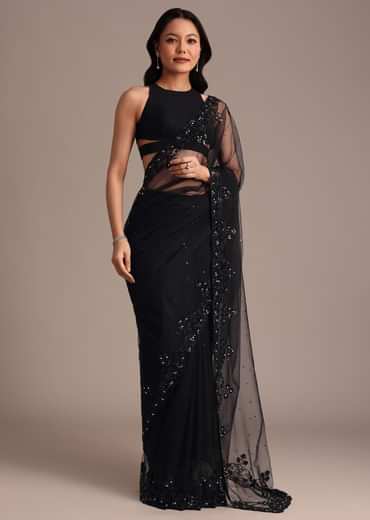 Black Net Embroidered Saree With Cutdana And Sequin Work