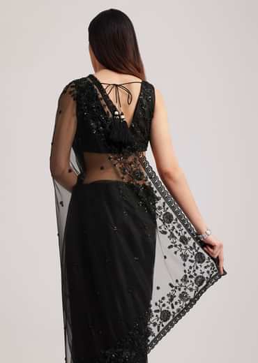 Black Net Heavy Embroidered Saree With Sequins And Stones
