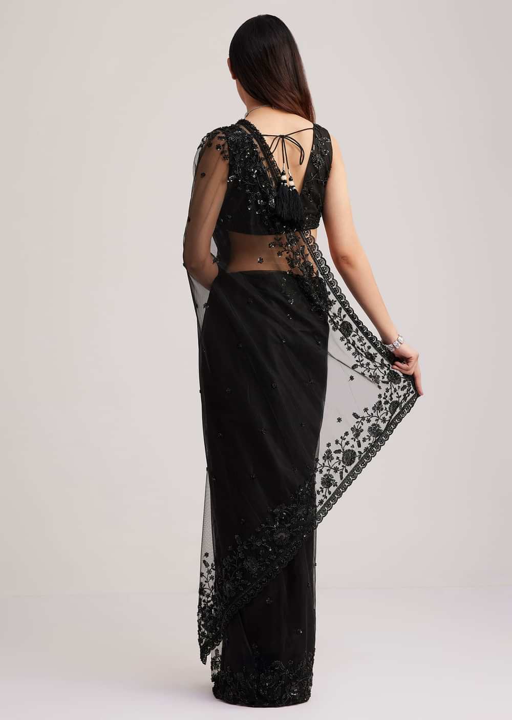 Black Net Heavy Embroidered Saree With Sequins And Stones