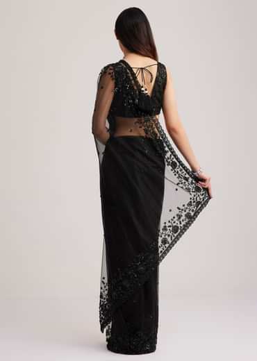 Black Net Heavy Embroidered Saree With Sequins And Stones