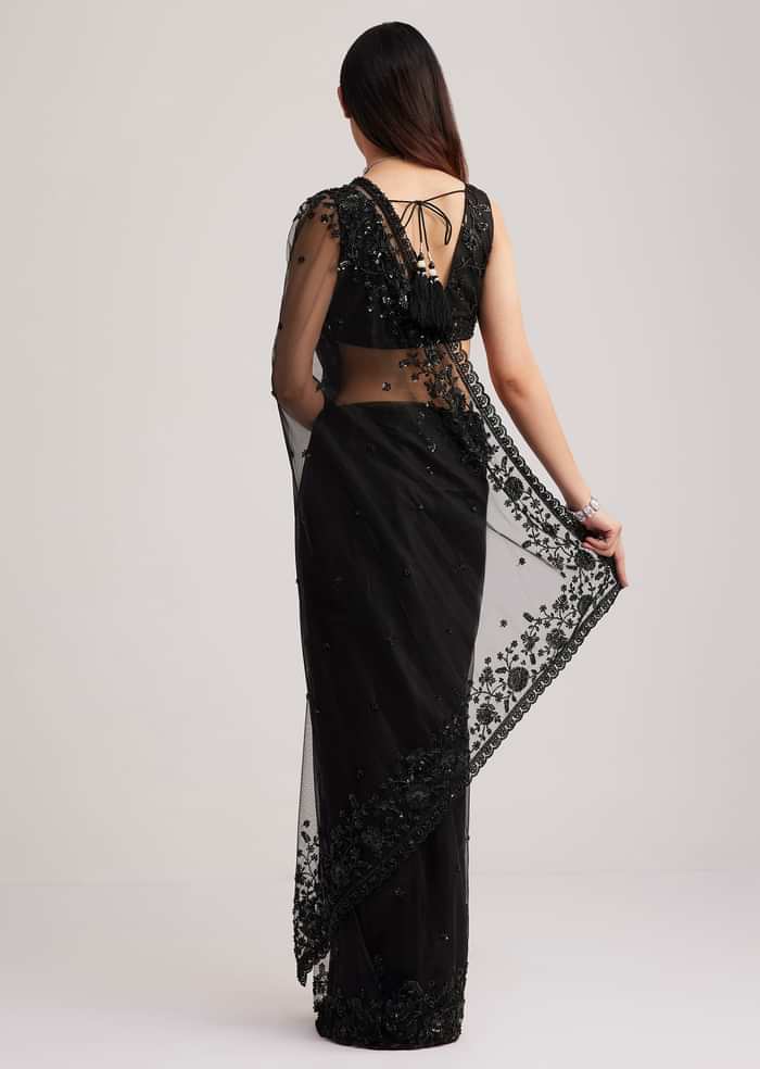 Black Net Heavy Embroidered Saree With Sequins And Stones