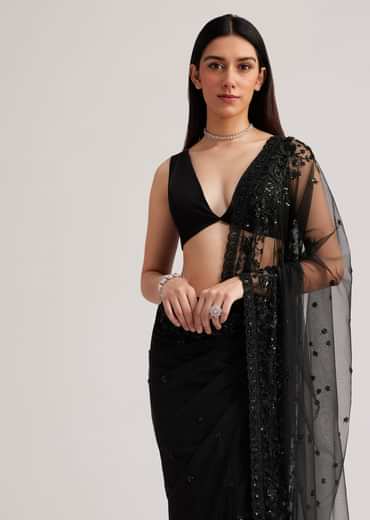 Black Net Heavy Embroidered Saree With Sequins And Stones