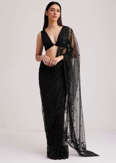 Black Net Heavy Embroidered Saree With Sequins And Stones