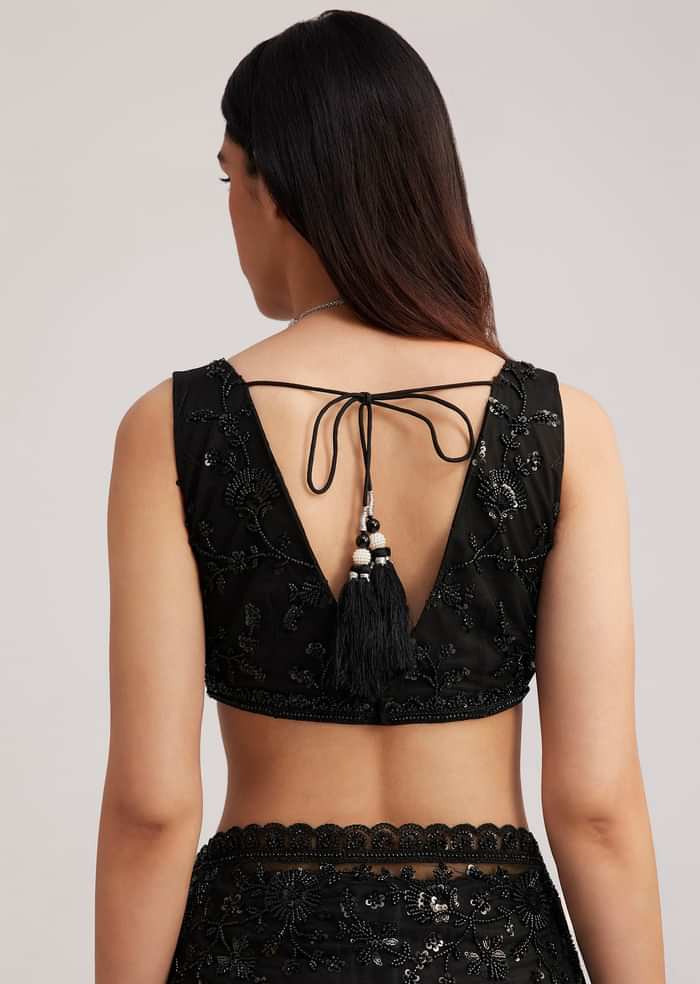 Black Net Heavy Embroidered Saree With Sequins And Stones