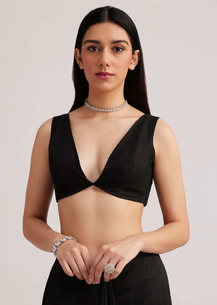 Black Net Heavy Embroidered Saree With Sequins And Stones