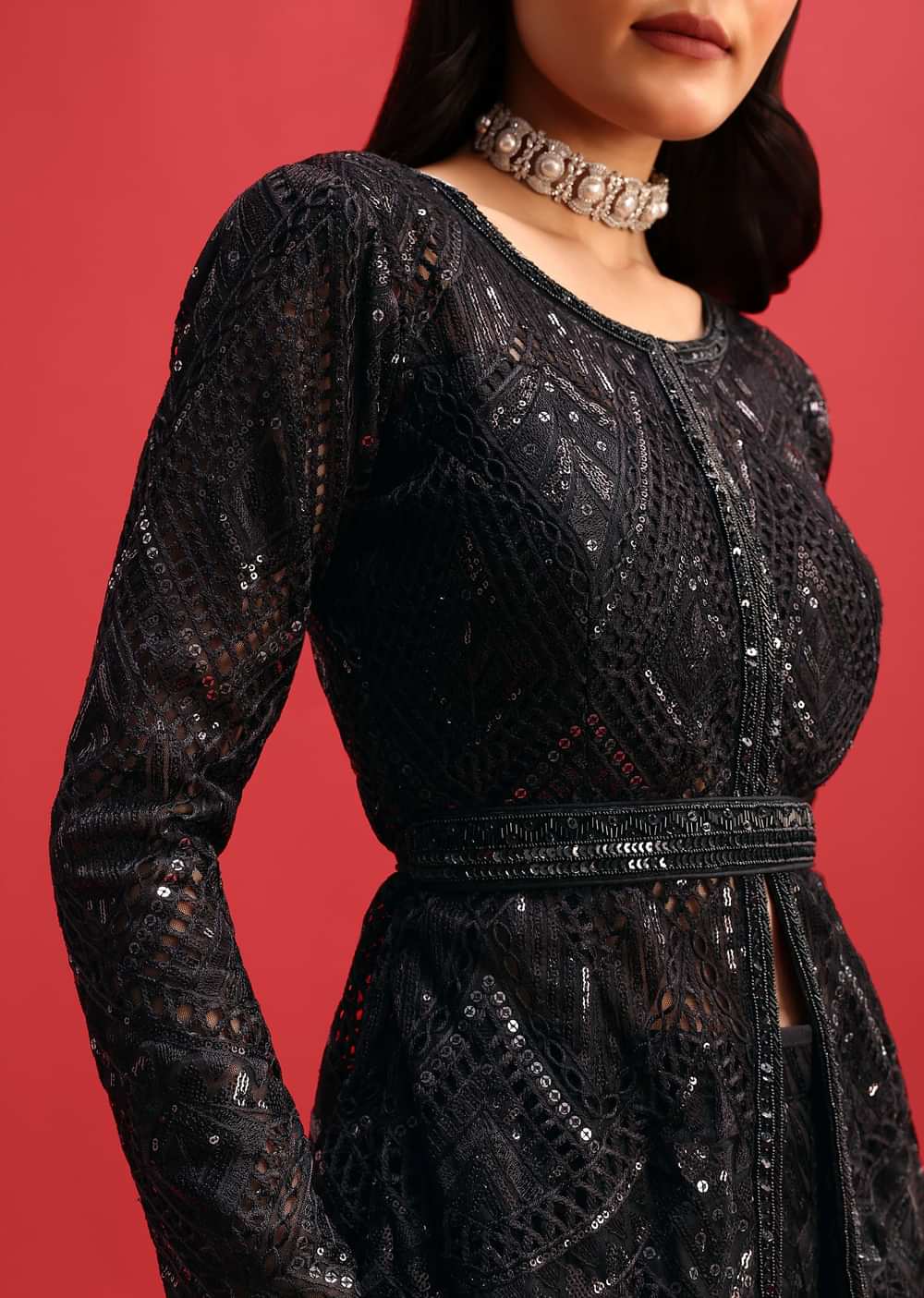 Black Net Kurta Palazzo Set In Sequin Work