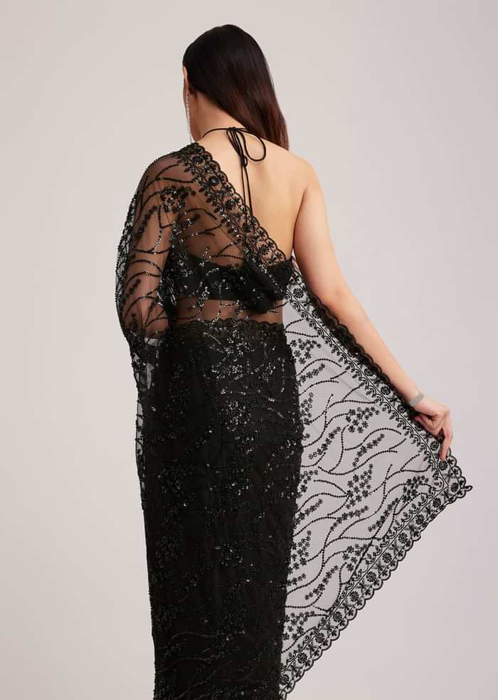 Black Net Saree Heavy Embroidered With Sequins And Stones