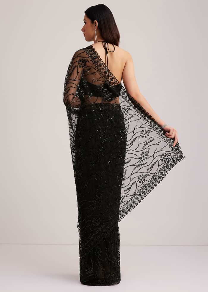 Black Net Saree Heavy Embroidered With Sequins And Stones
