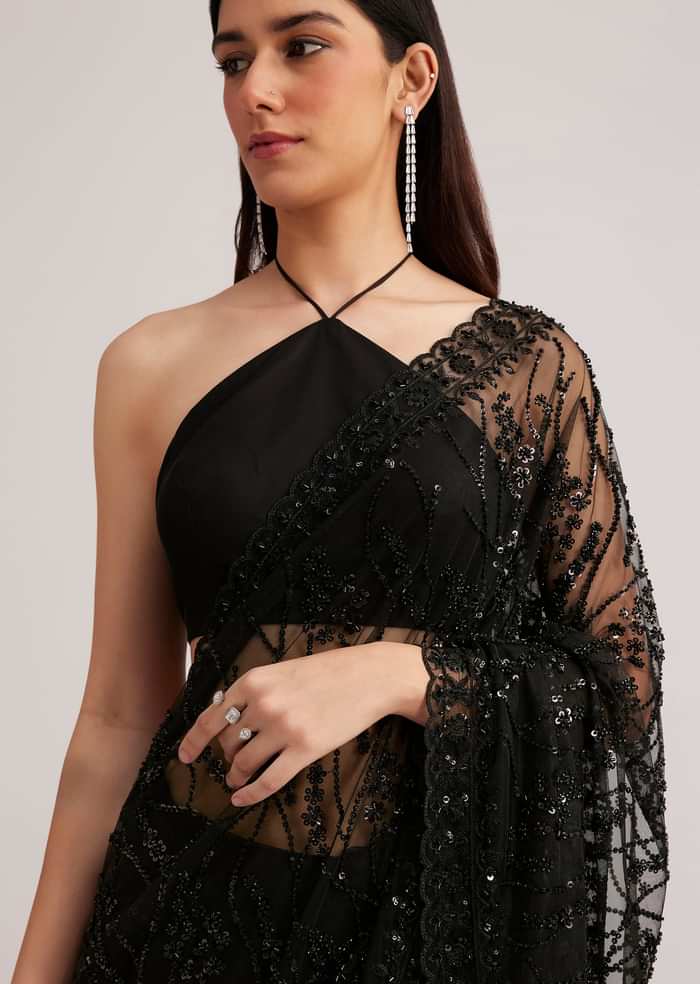 Black Net Saree Heavy Embroidered With Sequins And Stones