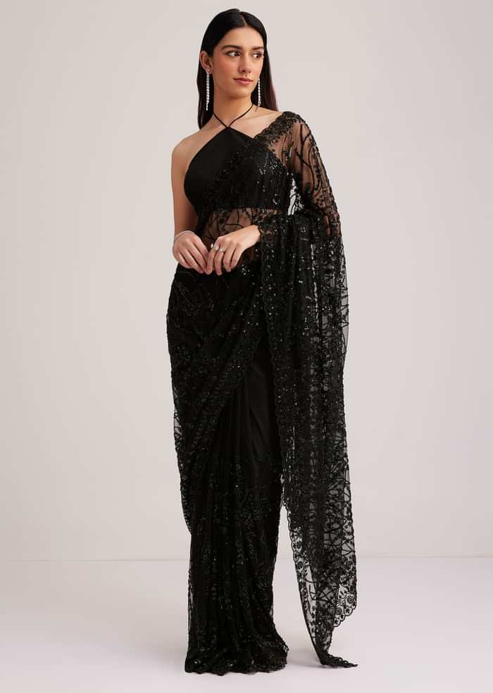 Black Net Saree Heavy Embroidered With Sequins And Stones