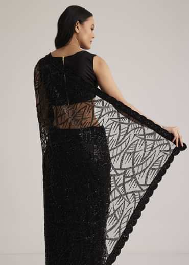 Black Net Saree With Sequins And Stones Embroidery