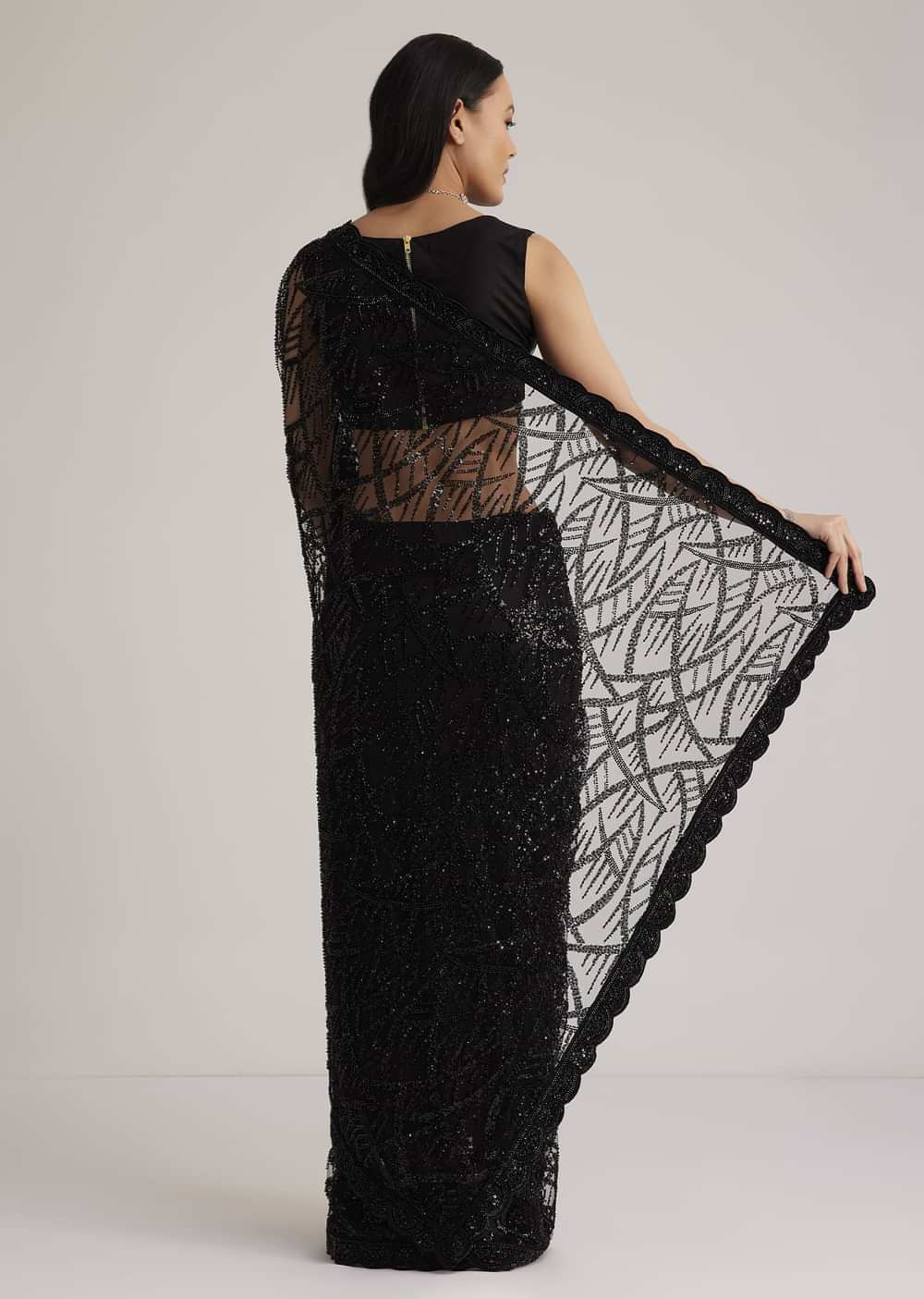 Black Net Saree With Sequins And Stones Embroidery