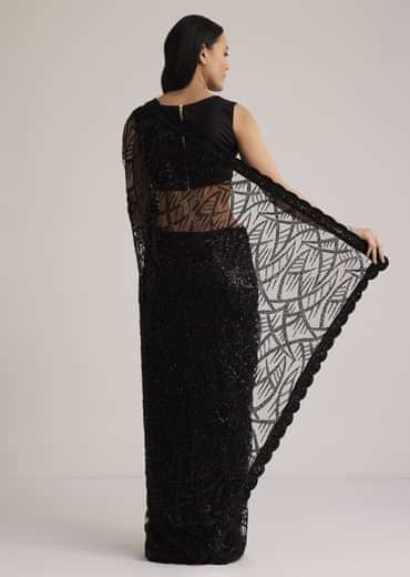 Black Net Saree With Sequins And Stones Embroidery