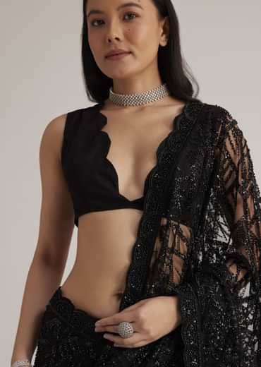 Black Net Saree With Sequins And Stones Embroidery