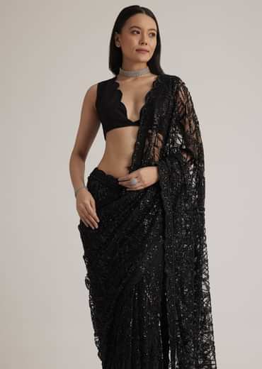 Black Net Saree With Sequins And Stones Embroidery