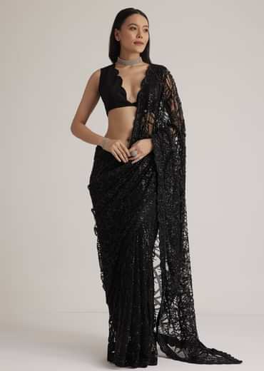 Black Net Saree With Sequins And Stones Embroidery