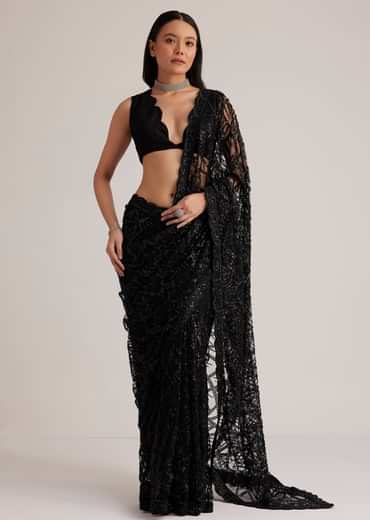 Black Net Saree With Sequins And Stones Embroidery