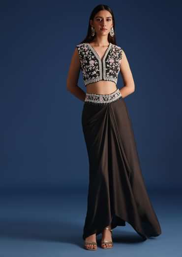 Black Organza Jacket With Embroidered Crop Top And Draped Skirt