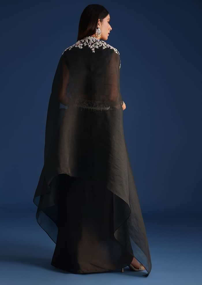 Black Organza Jacket With Embroidered Crop Top And Draped Skirt