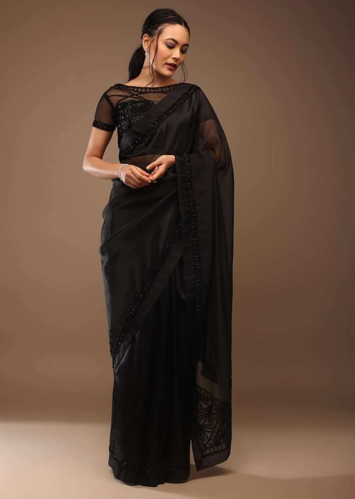 Black Organza Saree With Cut Dana Embroidery, Crafted In Tissue Organza