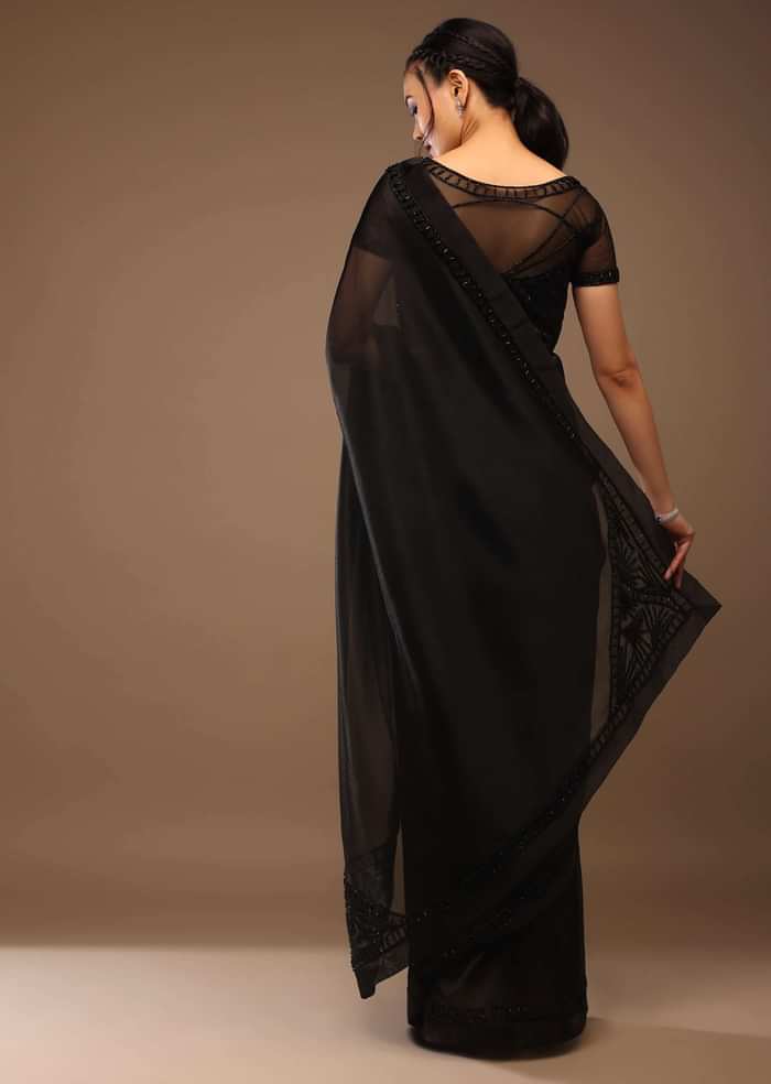 Black Organza Saree With Cut Dana Embroidery, Crafted In Tissue Organza