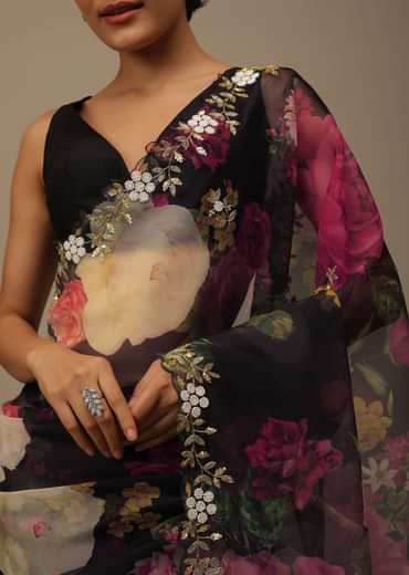 Black Organza Saree With Floral Print And Scallop Borders Black Organza Saree With Floral Print And Scallop Borders