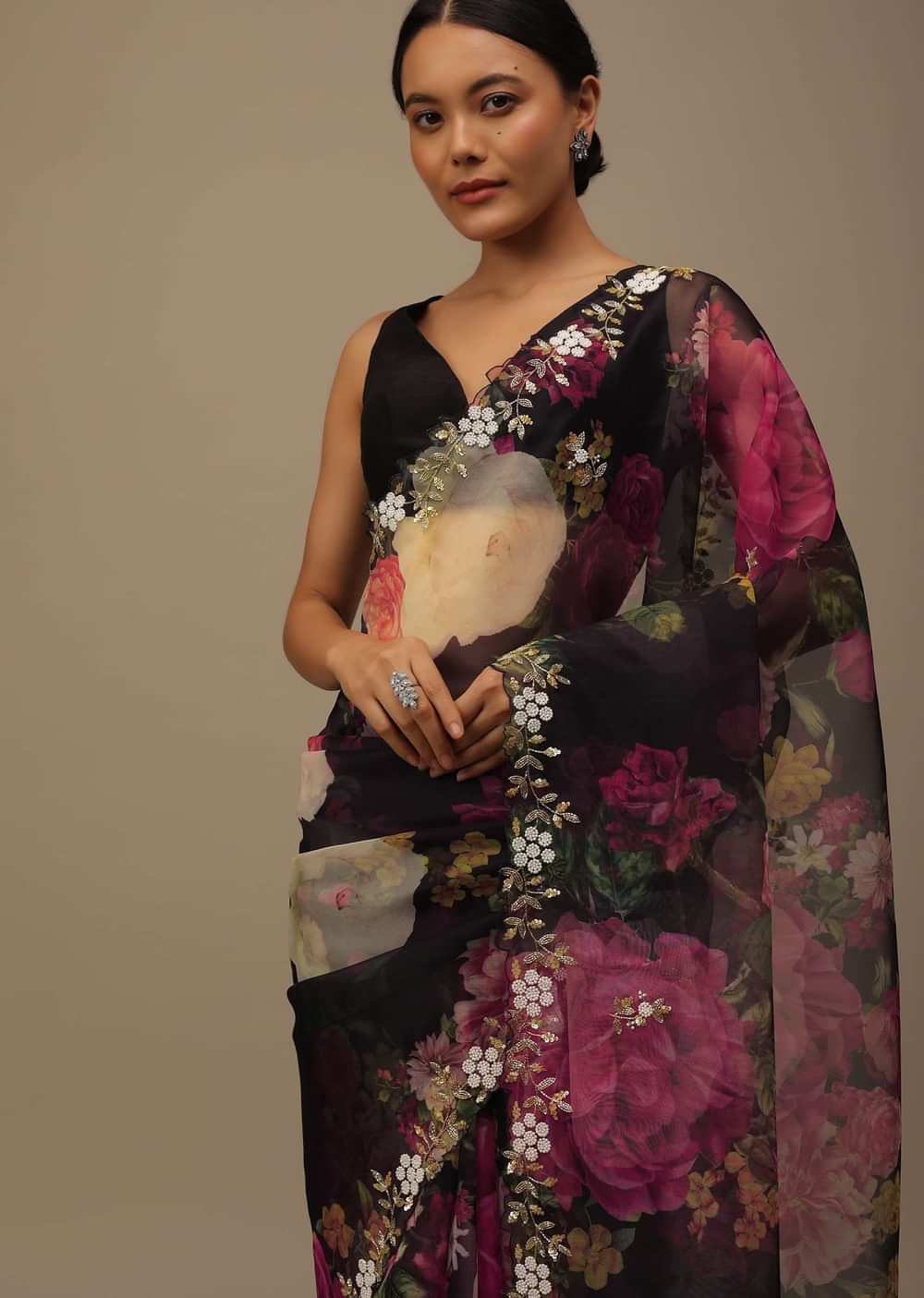 Black Organza Saree With Floral Print And Scallop Borders