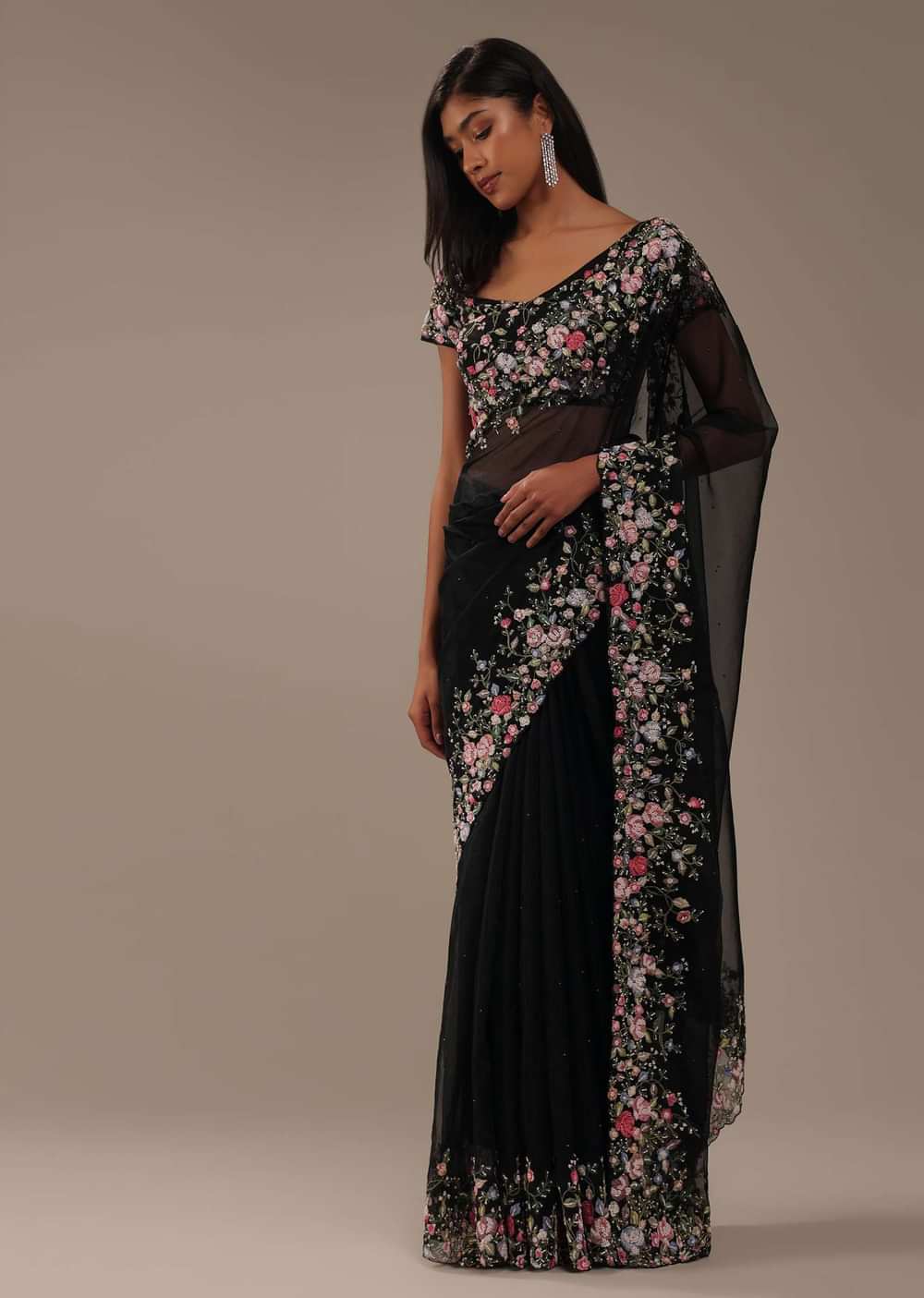 Black Organza Saree With Multicolor Floral Embroidery