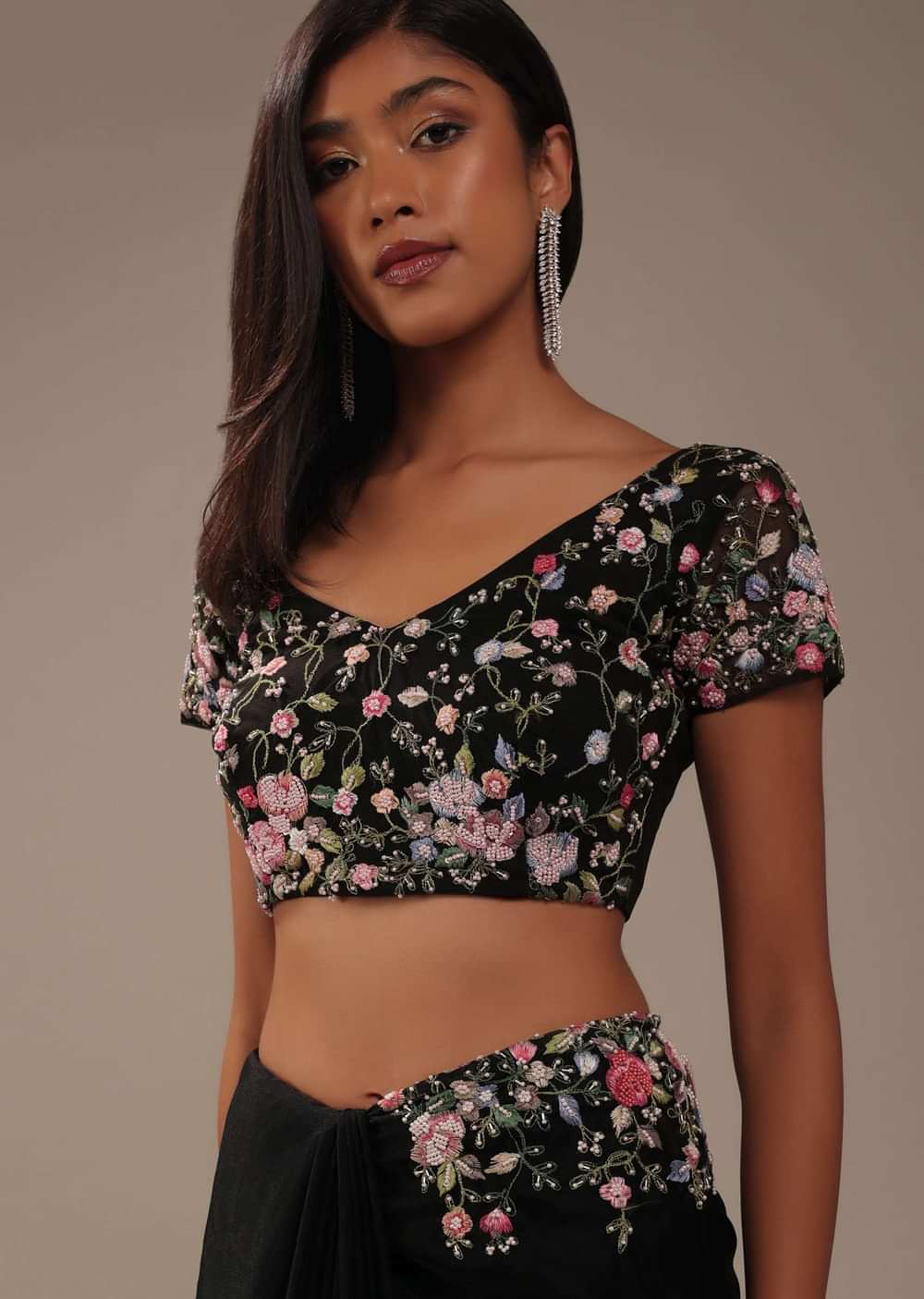Black Organza Saree With Multicolor Floral Embroidery