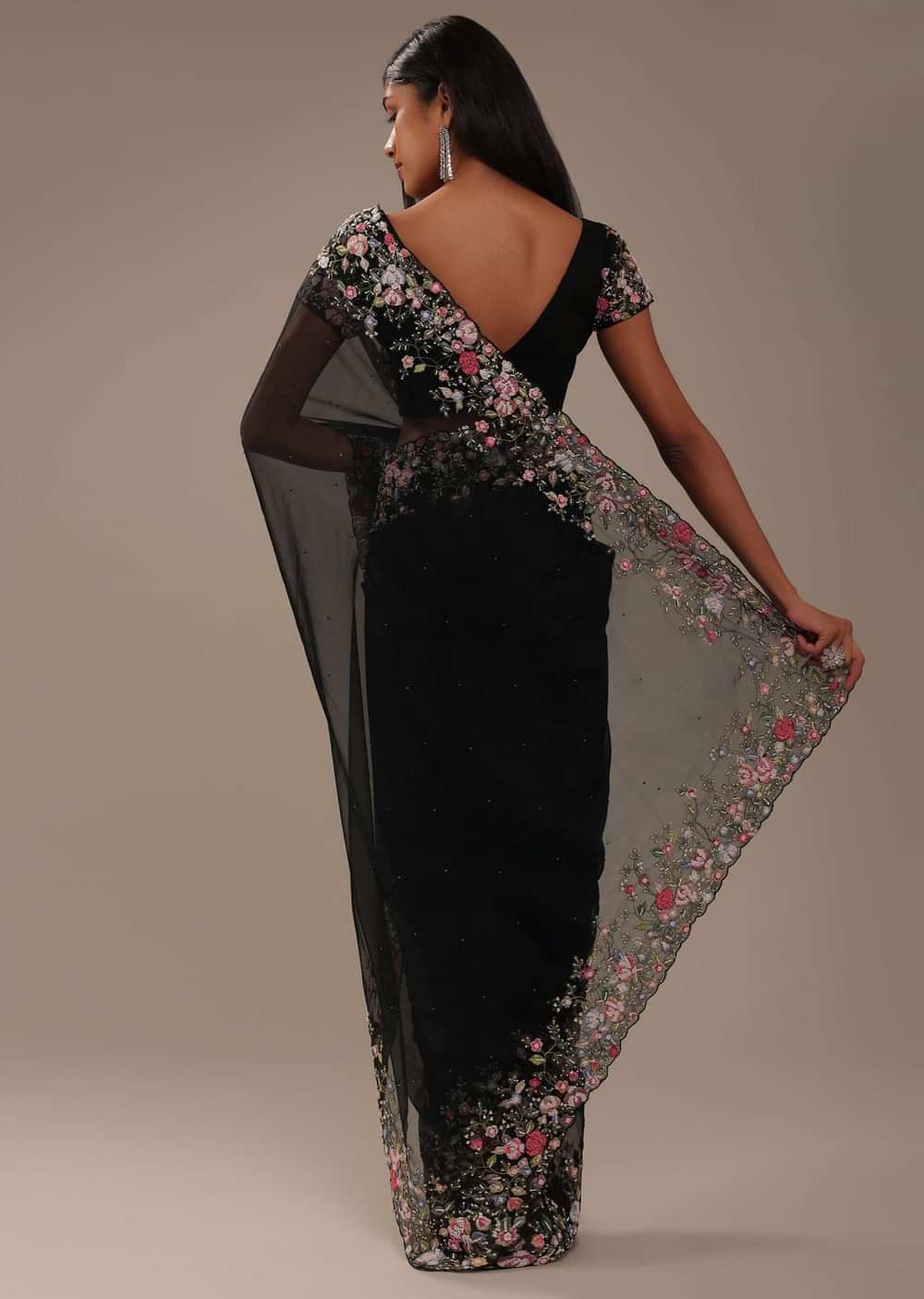 Black Organza Saree With Multicolor Floral Embroidery