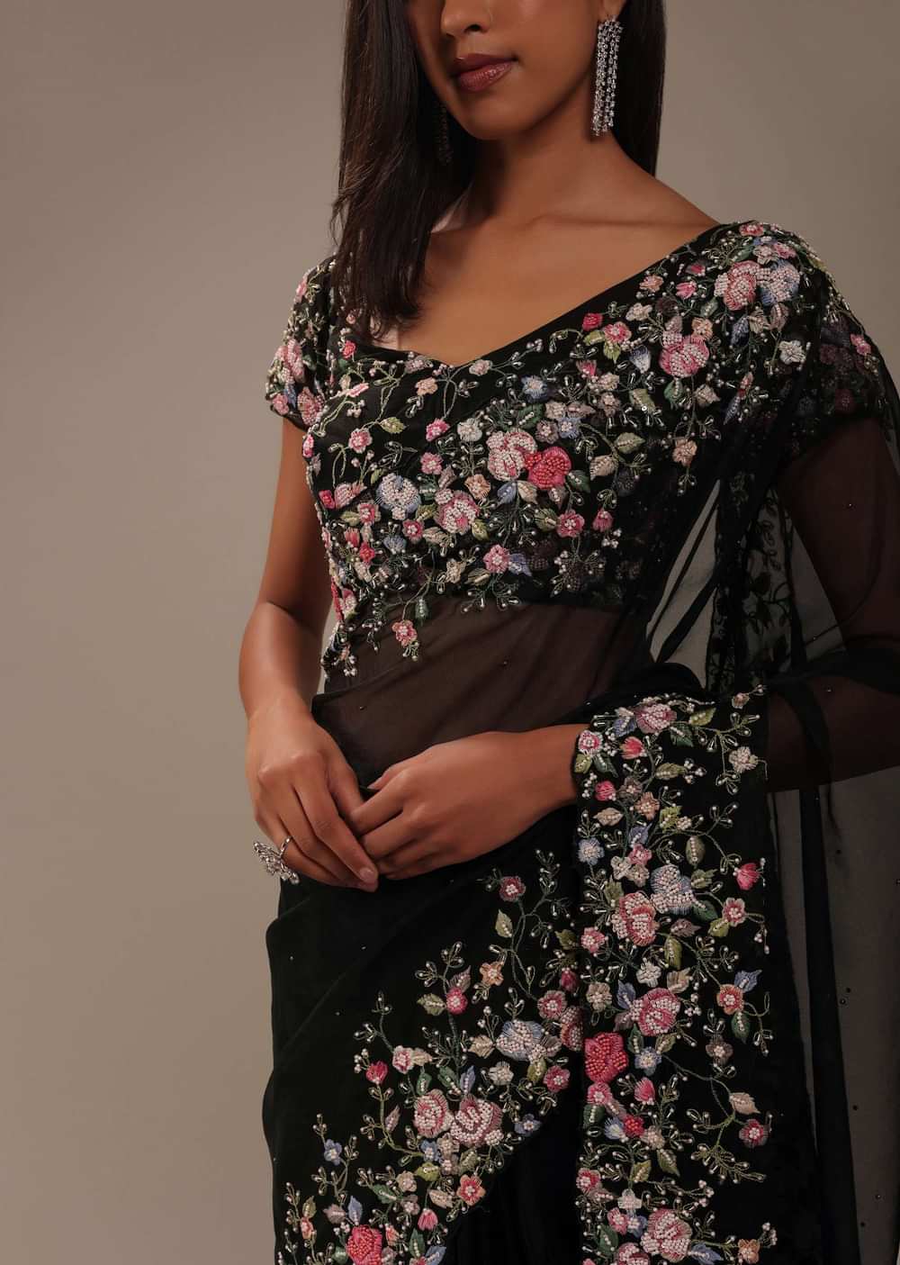 Black Organza Saree With Multicolor Floral Embroidery
