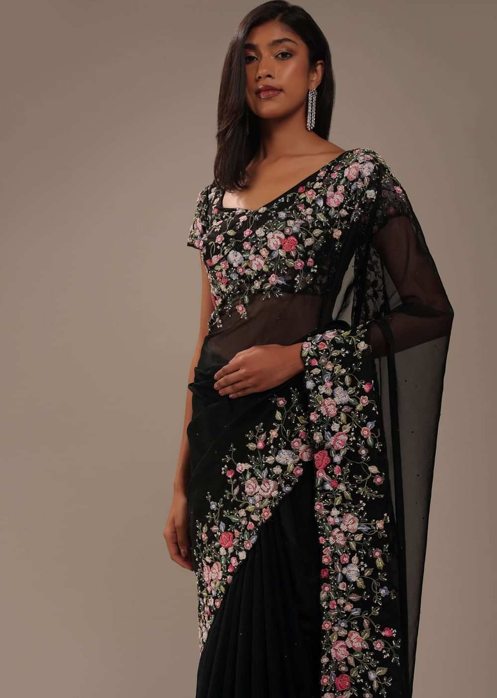 Black Organza Saree With Multicolor Floral Embroidery