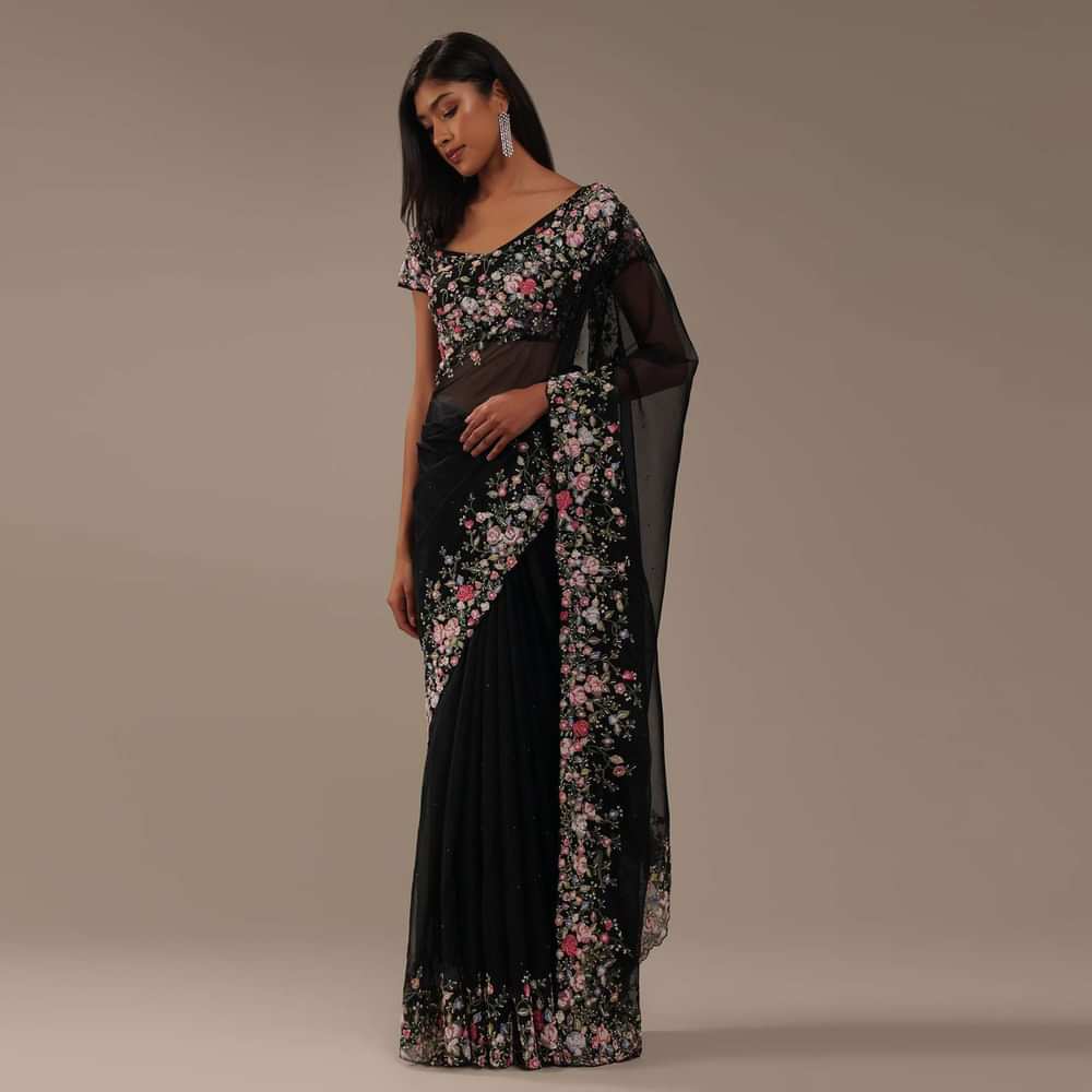 Black Organza Saree With Multicolor Floral Embroidery