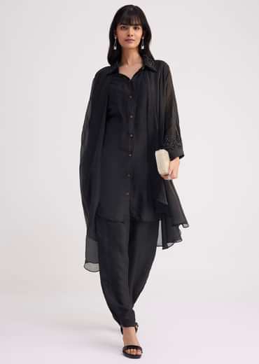 Black Organza Shirt Style Kurta Pant Set