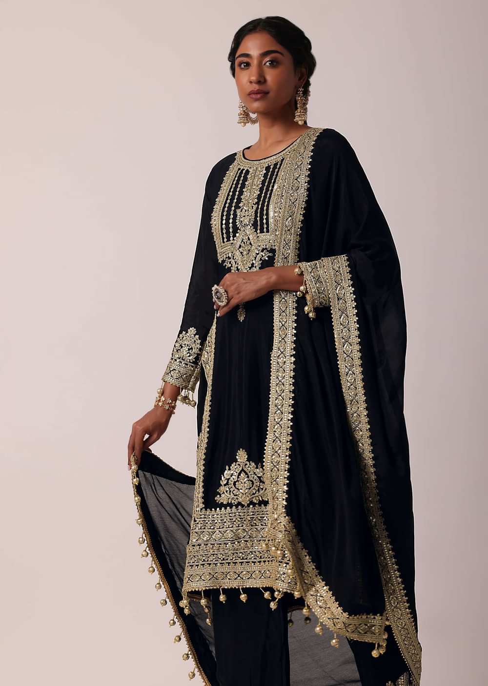 Black Pant Set In Chiffon With Zardozi Work Kurta